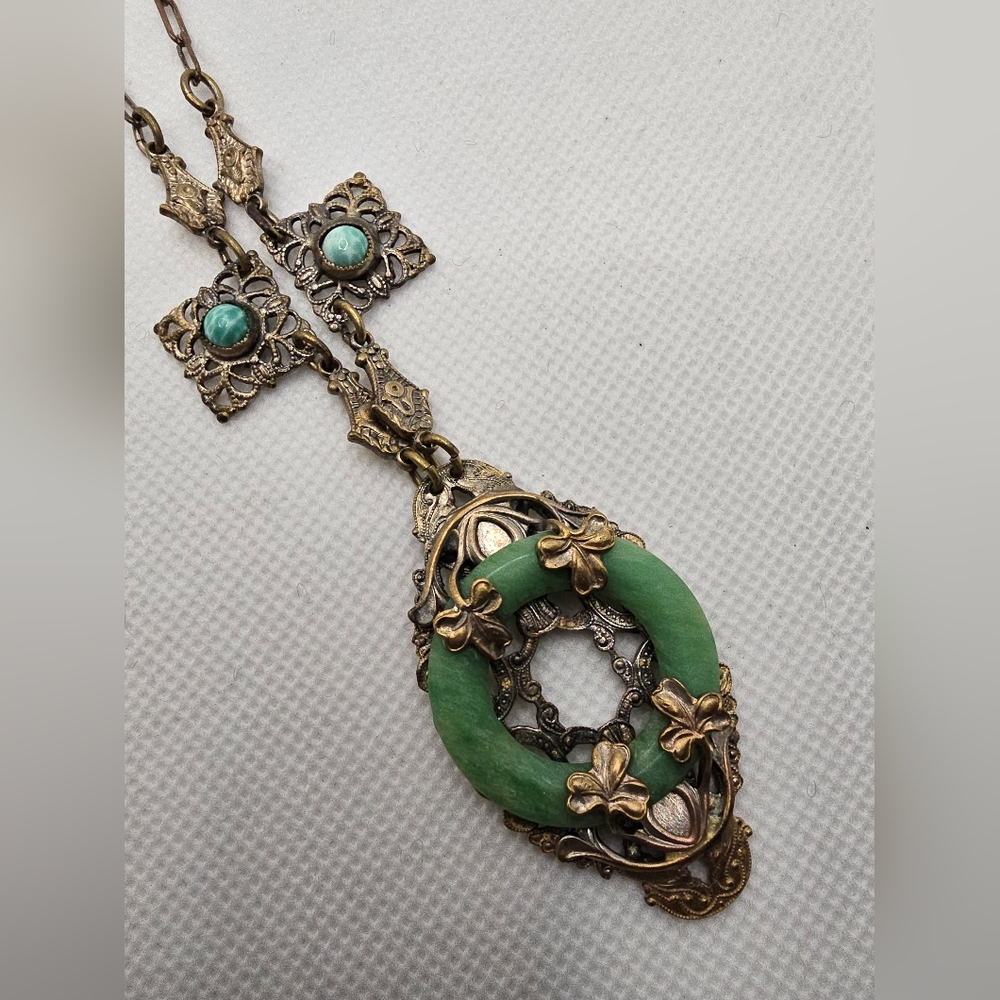Czech Brass Shamrock Green Glass Necklace 16 Inch Antique 1920s 1930s Lucky - Picture 5 of 12